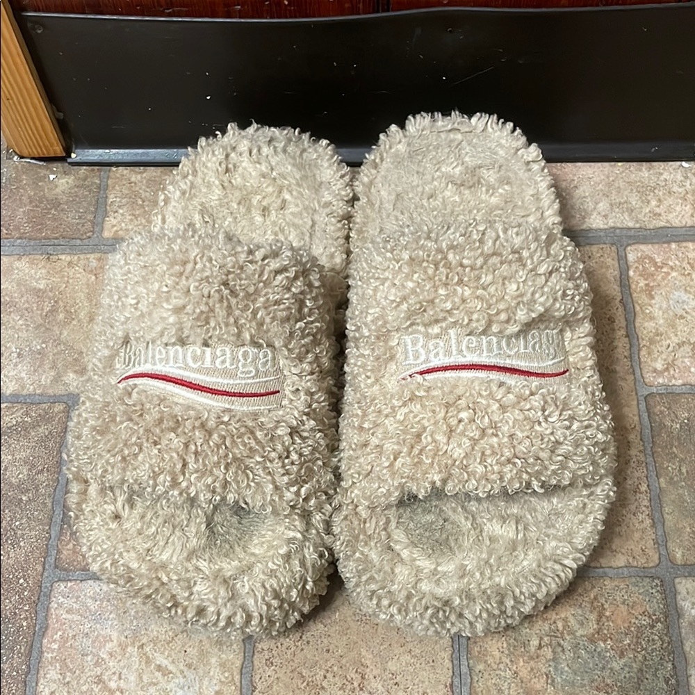 Balenciaga Beige Furry Slippers
